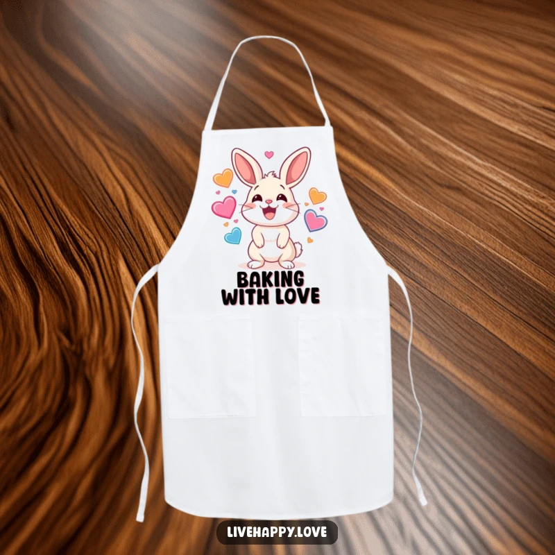 Funny apron showing a smiling rabbit energetically juggling colorful hearts, ready to assist in the kitchen with love and fun.
