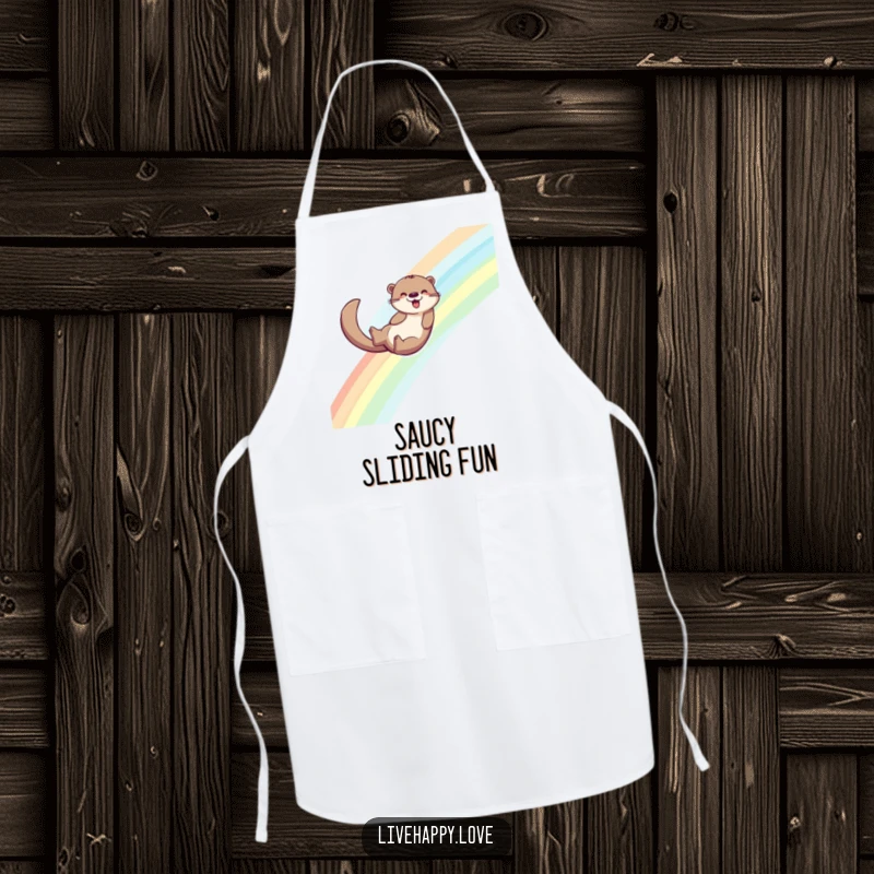 Funny apron depicting an energetic otter sliding down a colorful rainbow, its tail leaving a trail of sparkling joy.