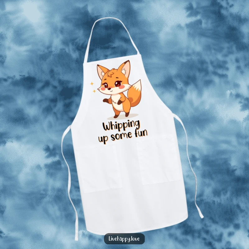 Funny Fox Apron: A playful fox with sparkling eyes dances energetically and mischievously, adding fun to kitchen tasks.