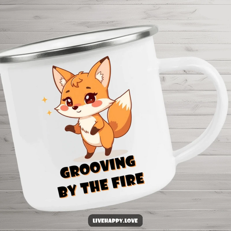 Funny Fox Camping Mug: A playful fox with mischievous eyes dances energetically and sillily, perfect for outdoor fun.