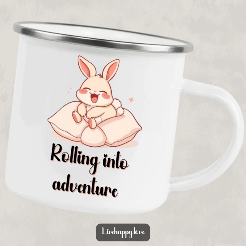 Funny Rabbit Camping Mug: A laughing rabbit with ears back happily rolls down a hill of soft pillows, ready for relaxation.