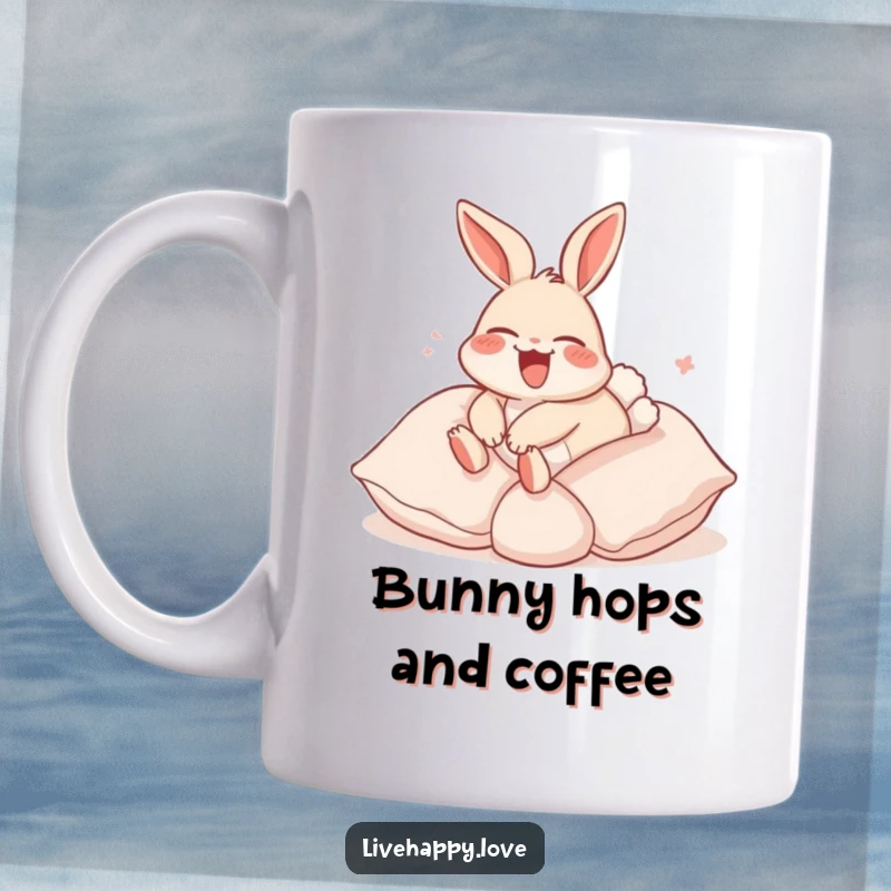 Funny Rabbit Mug: A laughing rabbit with ears back happily rolls down a soft hill made of plush pillows, embodying pure bliss.