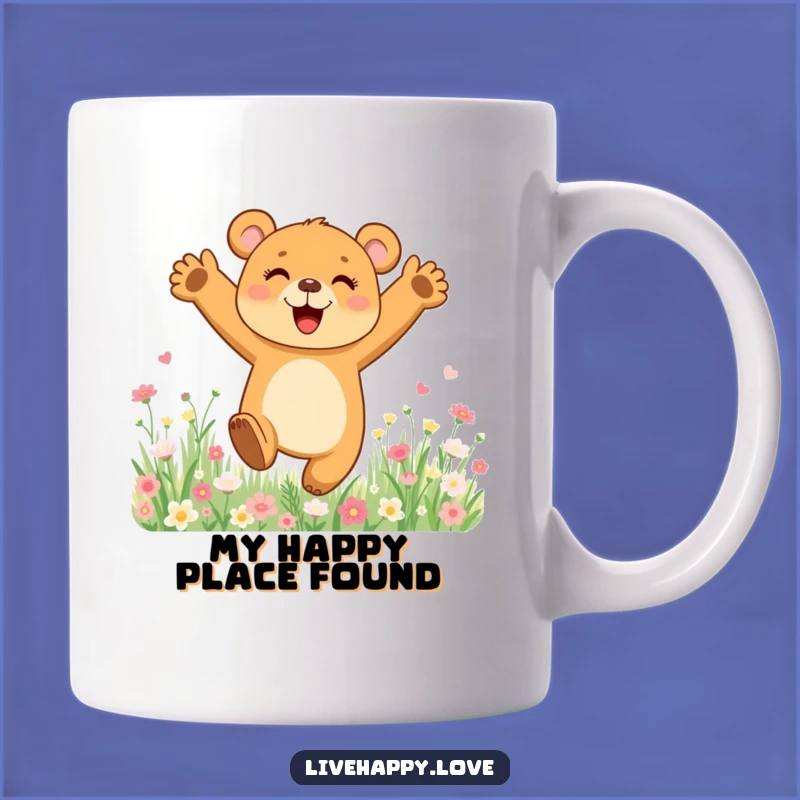 Funny Bear Cub Leap Mug: Joyful Flower Field Art, Perfect Funny Gift