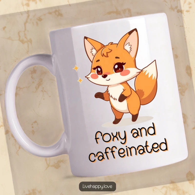 Funny Fox Mug: A playful fox with eyes sparkling mischievously performs a silly, energetic dance, radiating fun and cheekiness.