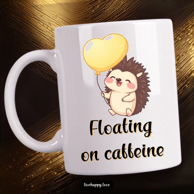 Funny Hedgehog Mug: A giggling hedgehog holds a bright balloon, gently floating upwards with a look of pure delight and happiness.
