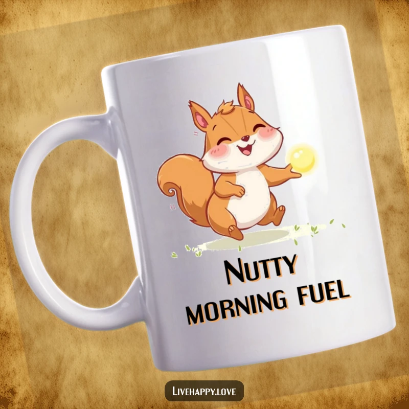 Funny Squirrel Mug: An energetic squirrel with puffed cheeks chases a sparkling orb of light, embodying playful determination and excitement.