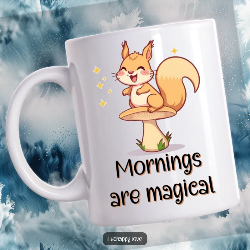 Funny squirrel mug featuring a grinning squirrel joyfully bouncing on a springy mushroom, emitting magical happy sparkles all around.