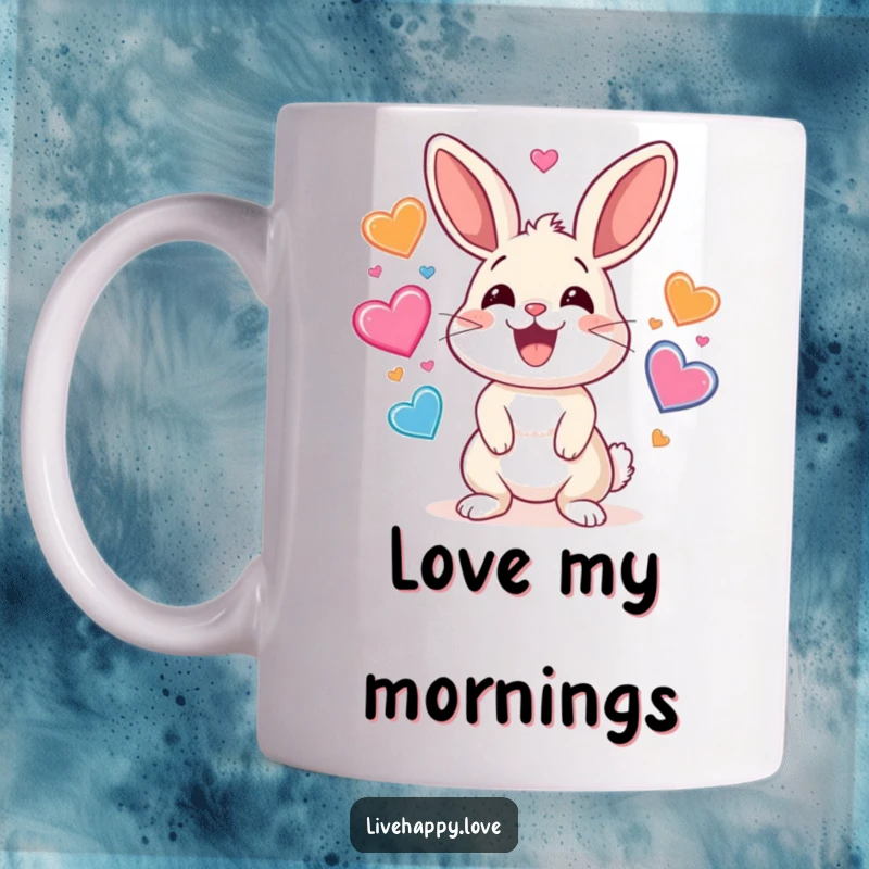 Funny rabbit mug with a wide smile, energetically juggling a cascade of colorful bouncing hearts, radiating pure happiness and love.