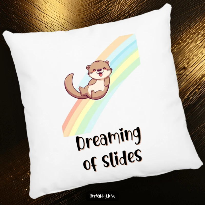Funny pillow featuring an energetic otter joyfully sliding down a rainbow, its tail creating a trail of sparkling joy.