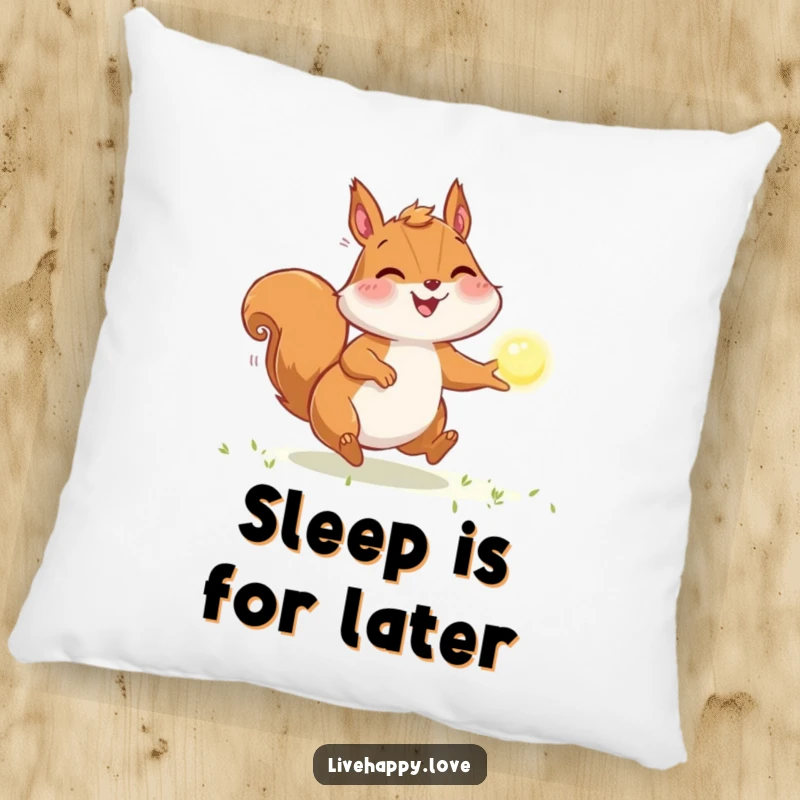 Funny Squirrel Pillow: A joyful squirrel with bulging cheeks chases a bright, sparkling orb of light, embodying energetic fun.