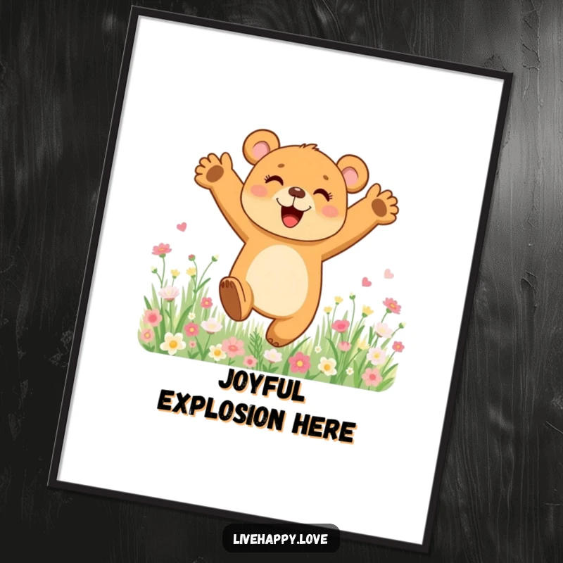 Funny digital art print of a bear cub joyfully leaping with arms spread wide in a beautiful meadow abundant with colorful flowers.