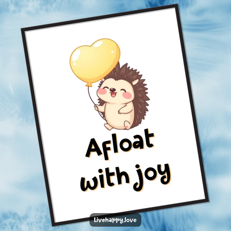 Funny Hedgehog Digital Art Print: A giggling hedgehog holds a bright balloon and floats gently upwards, symbolizing dreams and happiness.