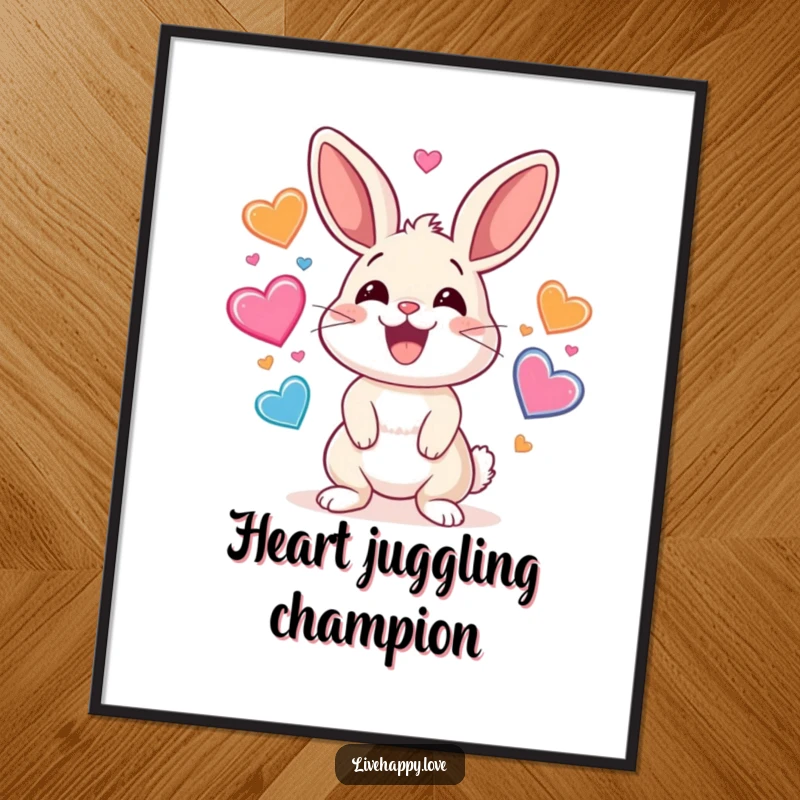 Funny digital art print of a happy rabbit with a wide smile, energetically juggling a vibrant array of colorful bouncing hearts.