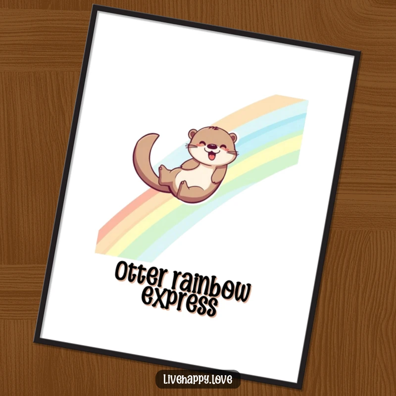 Funny digital art print of an energetic otter joyfully sliding down a vibrant rainbow, its tail leaving a trail of sparkling joy.