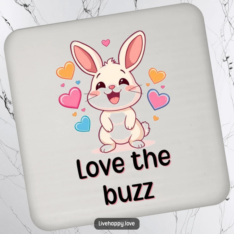 Funny drink coaster showing a smiling rabbit energetically juggling a bunch of colorful hearts, adding a cheerful vibe.