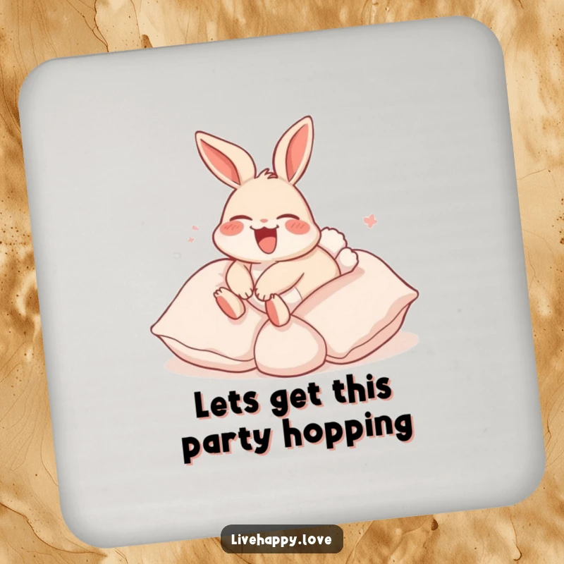 Funny Rabbit Coaster: A laughing rabbit with ears back happily rolls down a hill of soft pillows, bringing cozy vibes.
