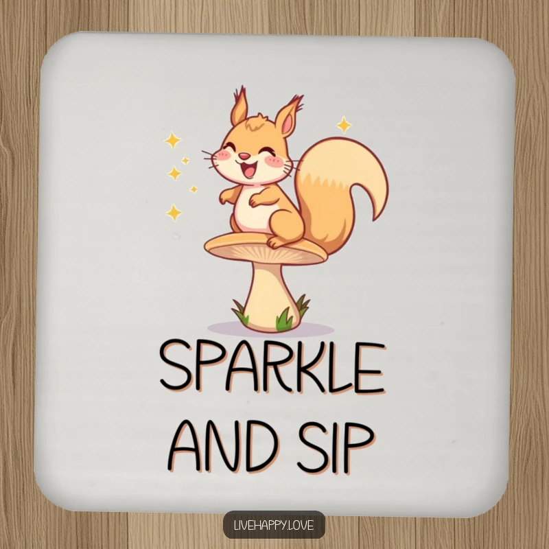 Funny drink coaster showing a grinning squirrel bouncing on a mushroom, with happy sparkles radiating around it, adding a cheerful touch.