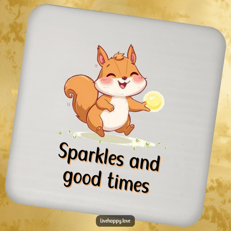 Funny Squirrel Coaster: A joyful squirrel with puffed cheeks chases a sparkling orb of light, adding playful energy to tabletops.