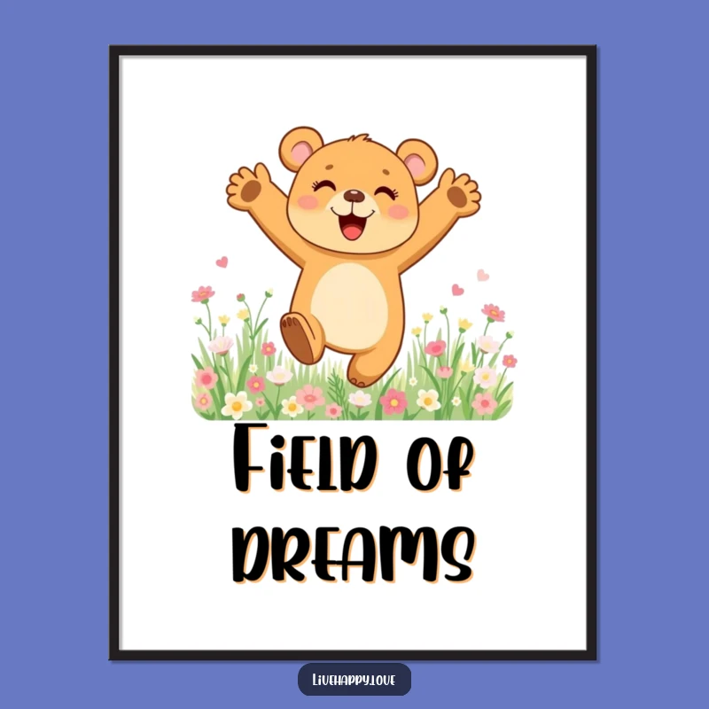 Funny Bear Cub Poster: Joyful Leap Art in Flower Field, Charming Funny Gift