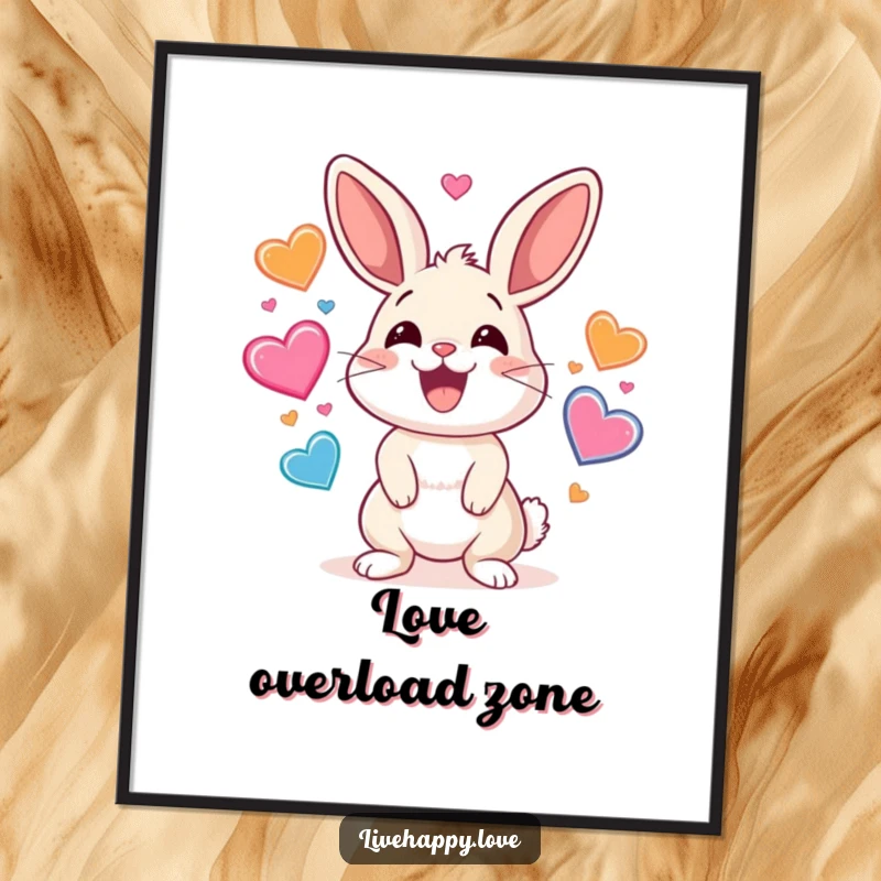 Funny poster artwork of a smiling rabbit energetically juggling a multitude of colorful hearts that are bouncing playfully in the air.