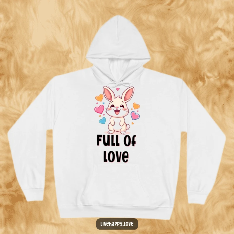 Funny hoodie illustrating a happy rabbit with a big grin, skillfully juggling many colorful hearts in a lively, energetic display.
