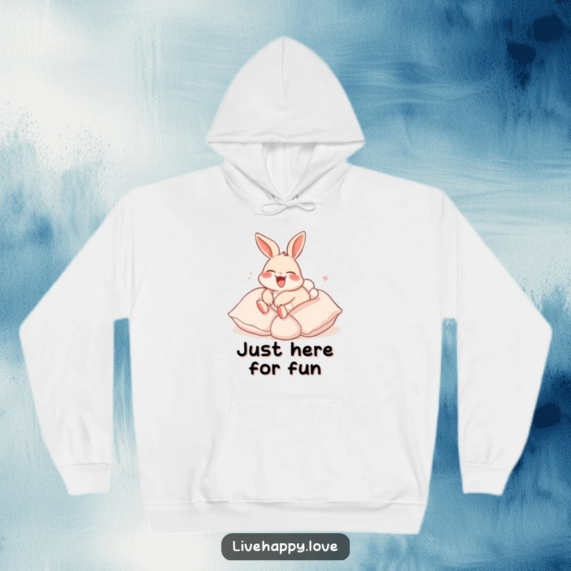 Funny Rabbit Hoodie: Features a laughing rabbit with ears back, happily rolling down a hill of soft, fluffy pillows in pure delight.