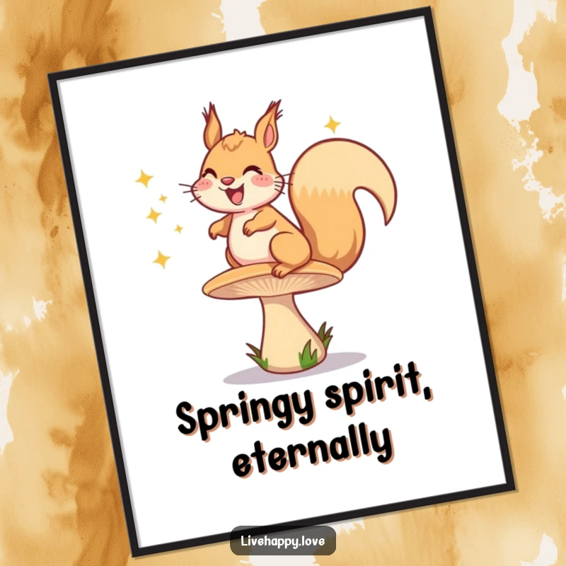 Funny Free Printable Wall Art: Grinning squirrel energetically bouncing high on a springy mushroom, emitting bright happy sparkles.