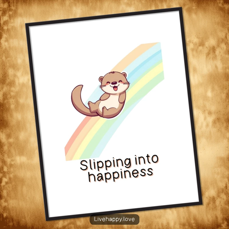 Funny Free Printable Wall Art: Energetic otter gleefully sliding down a vibrant rainbow, its tail leaving a trail of pure joy.