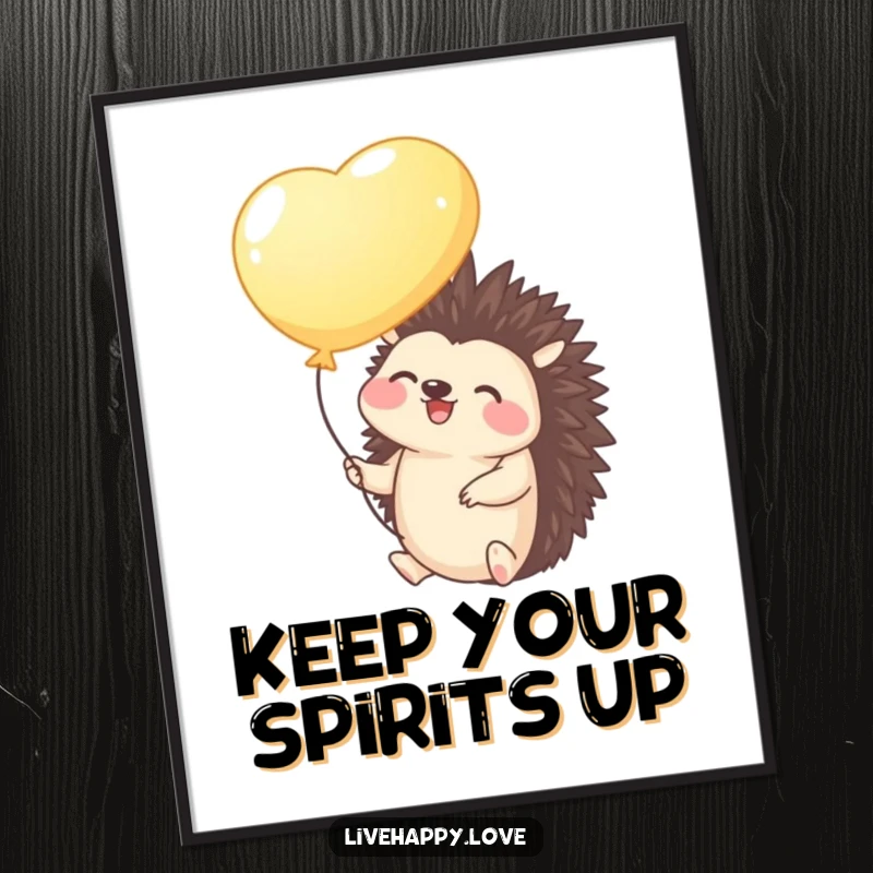 Funny Free Printable Wall Art: Giggling hedgehog holding a bright balloon, floating gently upwards with a peaceful expression.