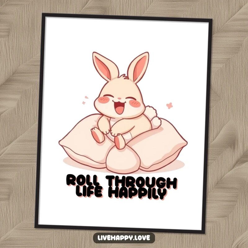 Funny Free Printable Wall Art: Laughing rabbit with ears flopped back, happily rolling down a hill of soft pillows with joy.