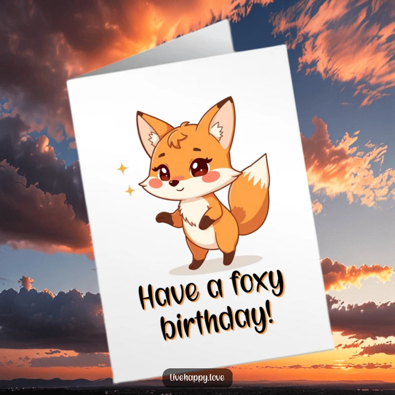 Funny Free Printable Birthday Card: Playful fox with a mischievous sparkle in its eyes doing a silly, energetic dance.