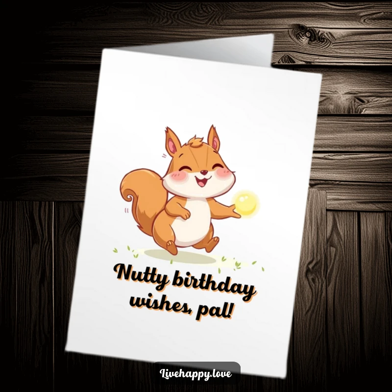 Funny Free Printable Birthday Card: Joyful squirrel with puffed cheeks chasing a sparkling orb of light with determination.