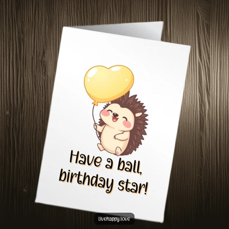 Funny Free Printable Birthday Card: Giggling hedgehog holding a bright balloon, floating gently upwards with joy.