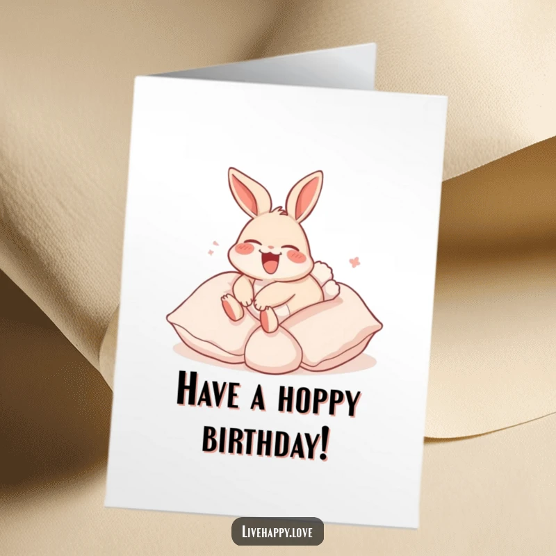 Funny Free Printable Birthday Card: Laughing rabbit with flopped ears happily rolling down a hill of soft pillows, pure bliss.