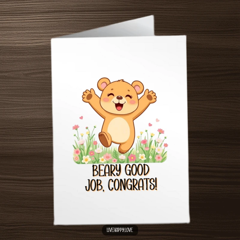 Funny Free Printable Congratulations Card: Joyful bear cub with arms outstretched leaping in a field of flowers.