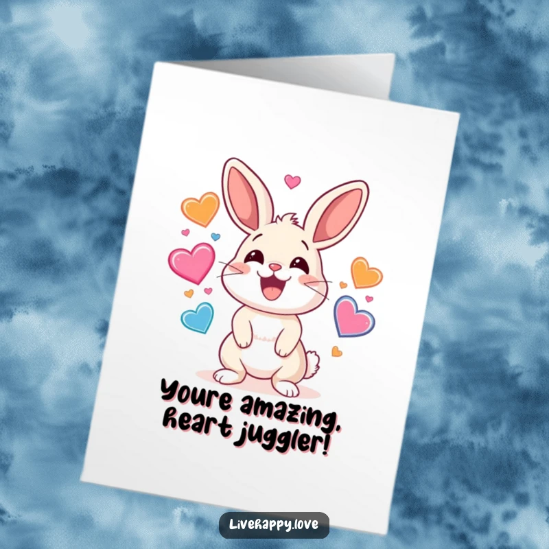 Funny Free Printable Congratulations Card: Cute rabbit with a wide smile energetically juggling colorful bouncing hearts.