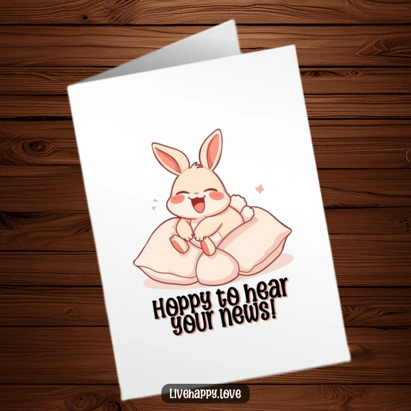 Funny Free Printable Congrats Card: Laughing rabbit with flopped ears happily rolling down a hill of soft pillows, signifying relaxation.