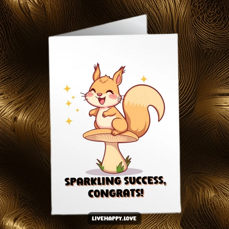 Funny Free Printable Congratulations Card: Grinning squirrel energetically bouncing on a springy mushroom, emitting happy sparkles.