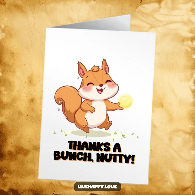 Funny Free Printable Thank You Card: Joyful squirrel with puffed cheeks chasing a sparkling orb of light, conveying thanks.