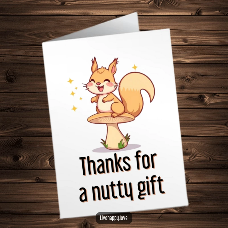 Funny Free Printable Thank You Card: Grinning squirrel energetically bouncing on a springy mushroom, emitting happy sparkles.