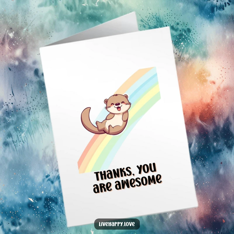 Funny Free Printable Thank You Card: Energetic otter joyfully sliding down a vibrant rainbow, leaving a trail of colorful joy.