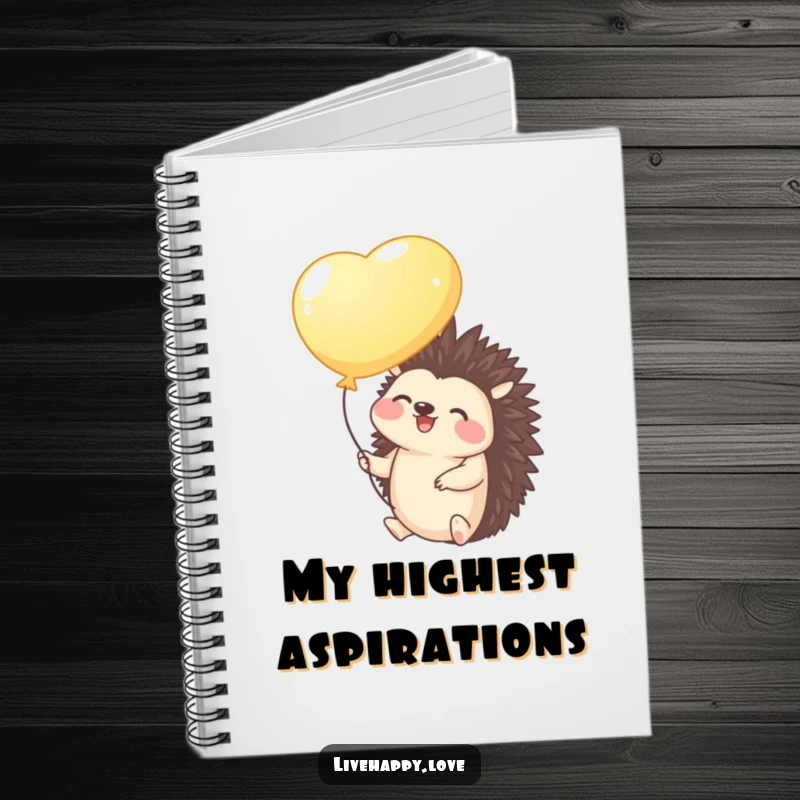 Funny Hedgehog Notebook: A giggling hedgehog holding a bright balloon floats gently upwards, symbolizing aspirations taking flight.