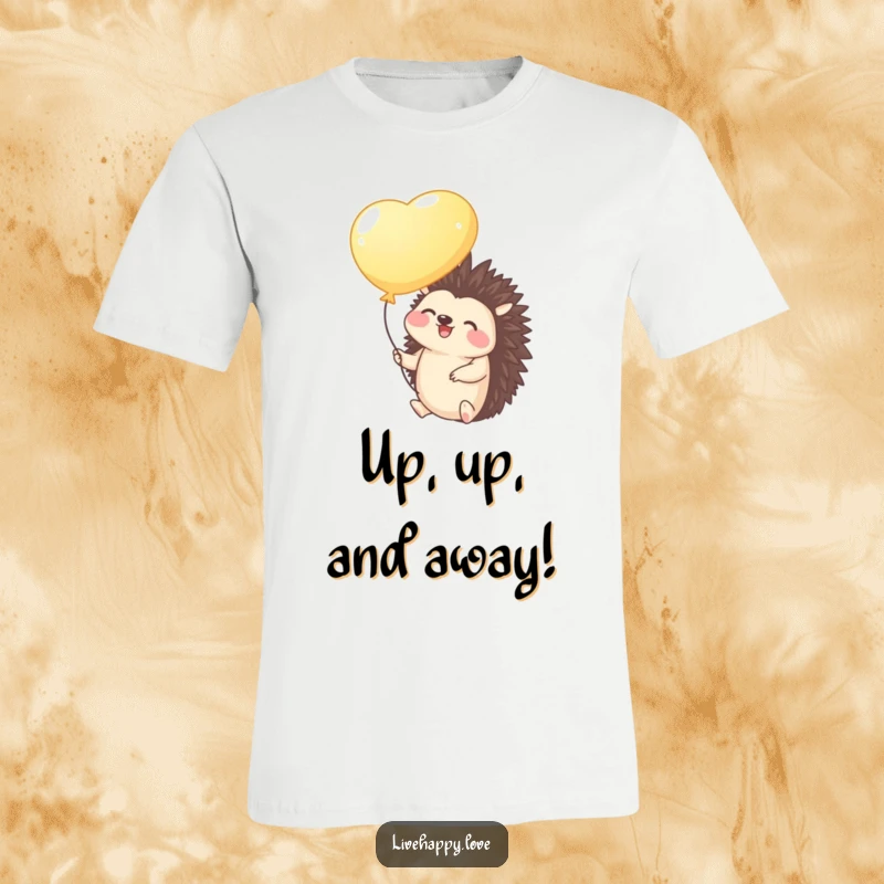 Funny Hedgehog T-Shirt: A giggling hedgehog clutches a bright balloon, floating gently upwards with an expression of pure, happy wonder.