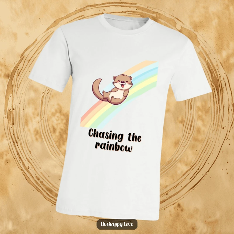 Funny t-shirt featuring an energetic otter sliding down a colorful rainbow, its tail creating a visible trail of shimmering joy.