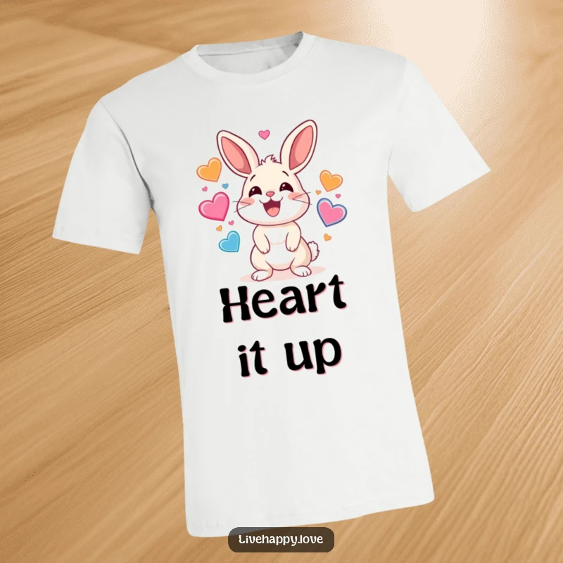 Funny t-shirt featuring a smiling rabbit energetically juggling multiple colorful hearts that are bouncing playfully around it.