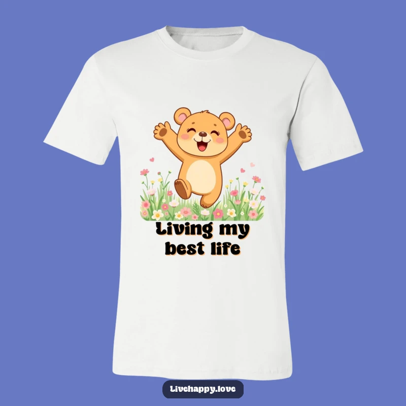 Funny Bear Cub Joyful Leap T-Shirt: Happy Flower Field Art, Great Funny Gift