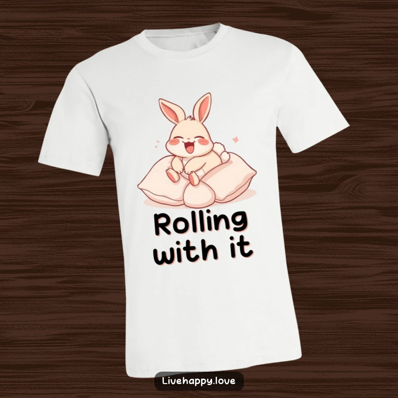 Funny Rabbit T-Shirt: A laughing rabbit with floppy ears happily rolls down a gentle hill composed entirely of soft, inviting pillows.
