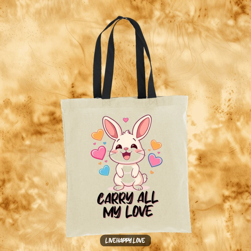 Funny tote bag with a grinning rabbit energetically juggling a vibrant assortment of colorful bouncing hearts, symbolizing abundant love.