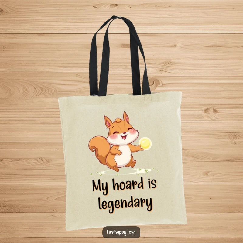 Funny Squirrel Tote Bag: A joyful squirrel with packed cheeks chases a sparkling orb of light, symbolizing energy and bright goals.